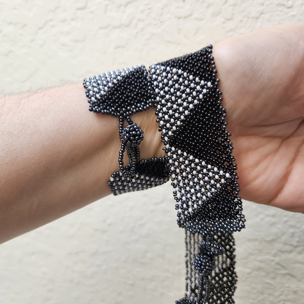 Handmade Seed Beaded Necklace and Matching Bracelet Set in Black and White - Picture 5 of 16